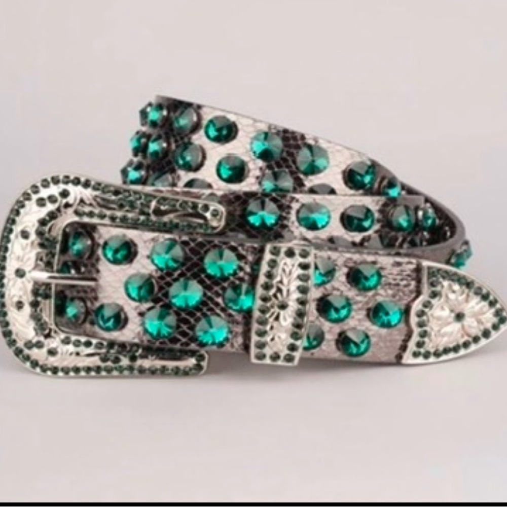 Ornate Green and Silver Belt with Decorative Buckle